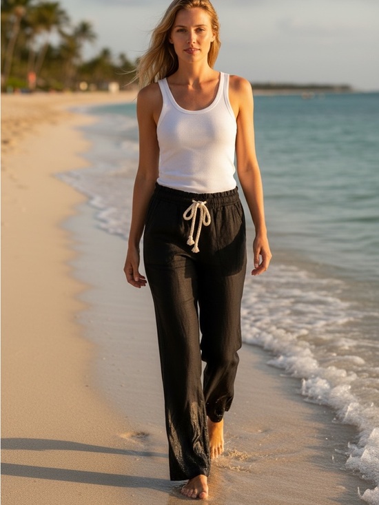 Roxy Pants - Roxy Black Wide-Leg Linen-Blend Pants with Natural Drawstring